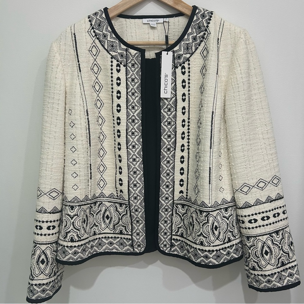 Chico's Embroidered Tweed Cream Artisan Jacket